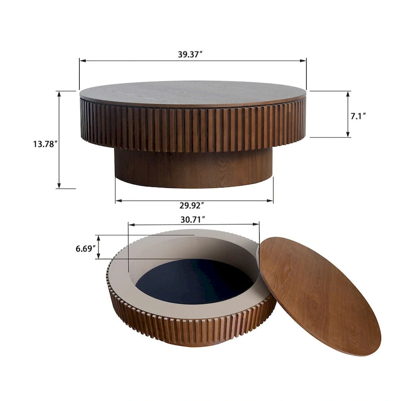 Table basse/de salon ronde moderne plaquée en bois massif avec rangement