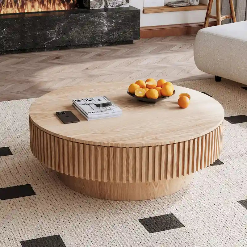 Table basse/de salon ronde moderne plaquée en bois massif avec rangement