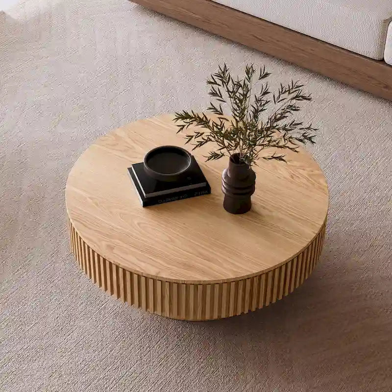 Table basse/de salon ronde moderne plaquée en bois massif avec rangement