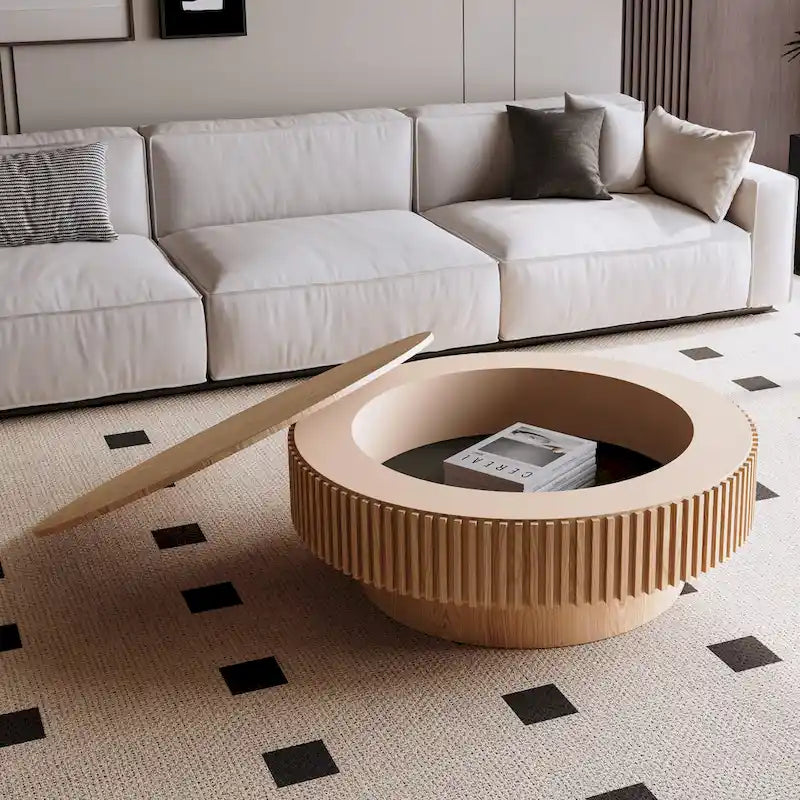 Table basse/de salon ronde moderne plaquée en bois massif avec rangement