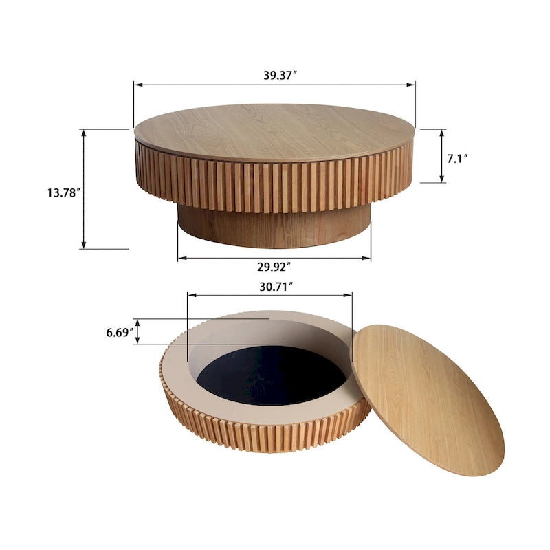 Table basse/de salon ronde moderne plaquée en bois massif avec rangement