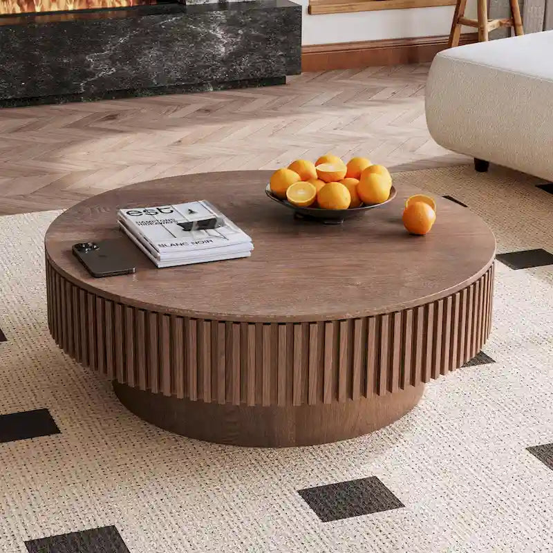 Table basse/de salon ronde moderne plaquée en bois massif avec rangement