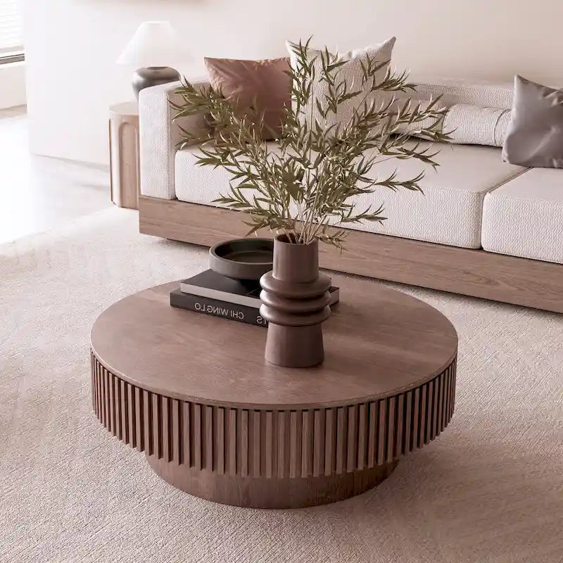 Table basse/de salon ronde moderne plaquée en bois massif avec rangement