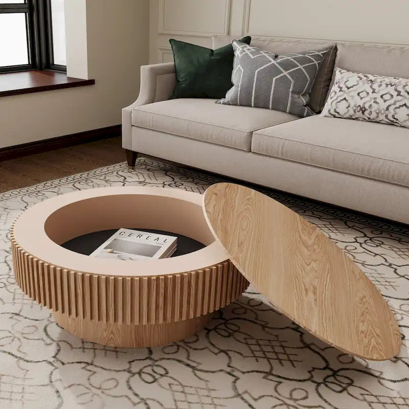 Table basse/de salon ronde moderne plaquée en bois massif avec rangement