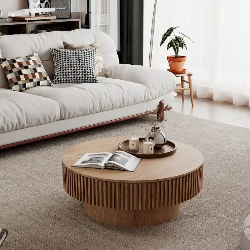 Table basse/de salon ronde moderne plaquée en bois massif avec rangement
