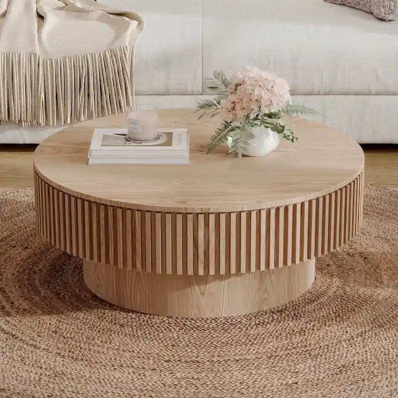 Table basse/de salon ronde moderne plaquée en bois massif avec rangement
