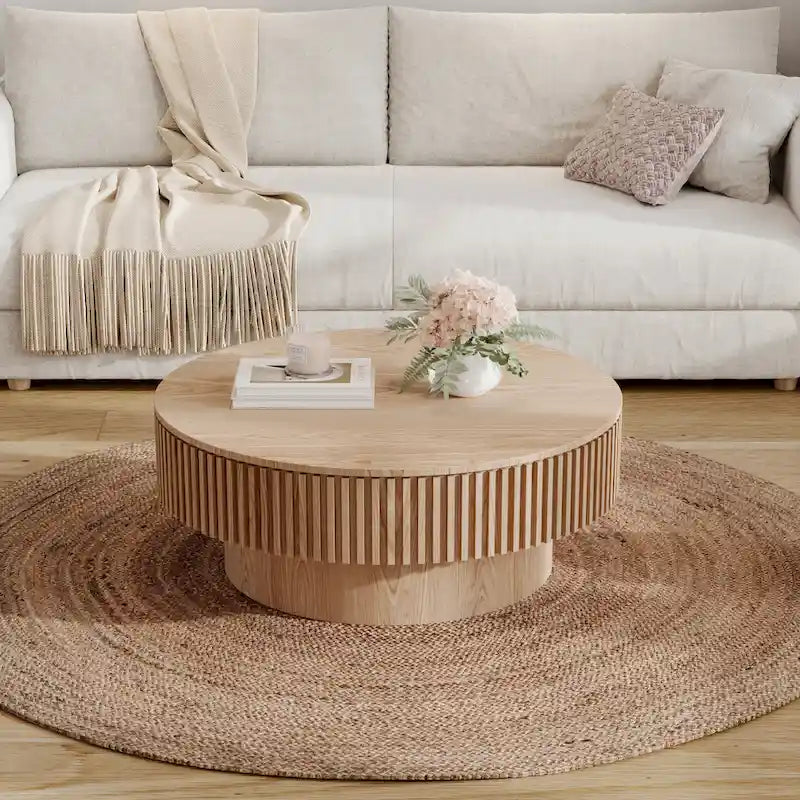 Table basse/de salon ronde moderne plaquée en bois massif avec rangement
