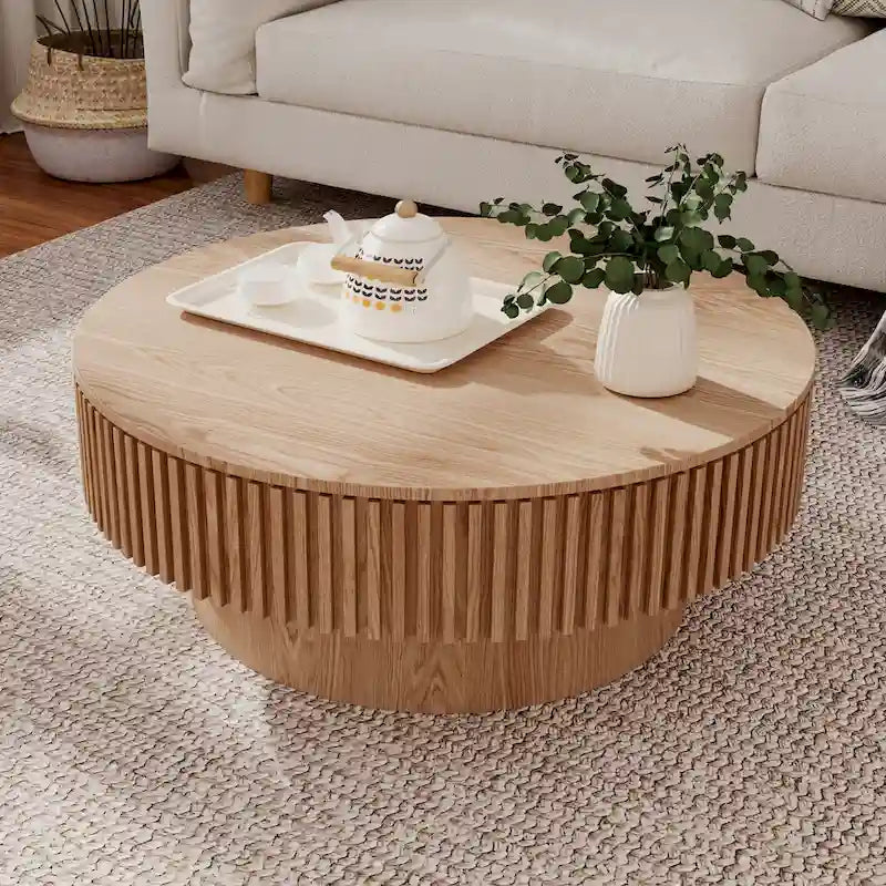 Table basse/de salon ronde moderne plaquée en bois massif avec rangement