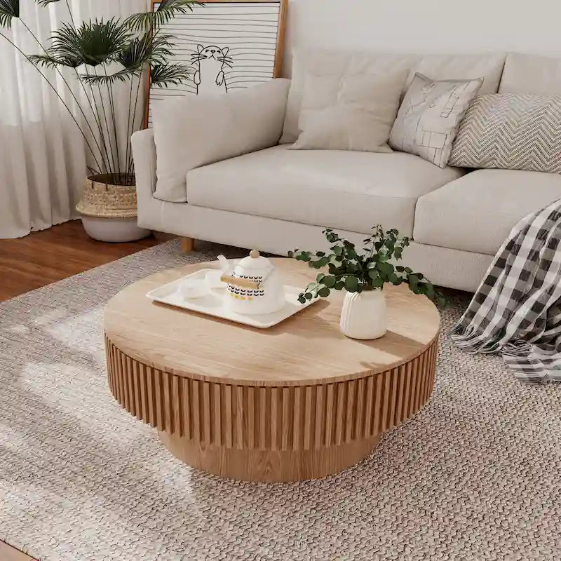Table basse/de salon ronde moderne plaquée en bois massif avec rangement