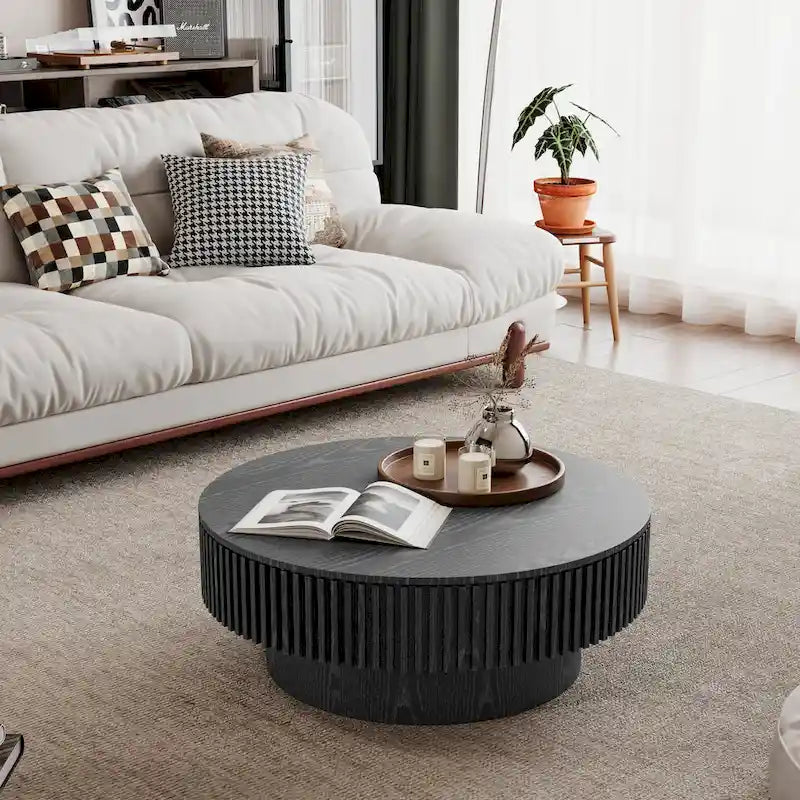 Table basse/de salon ronde moderne plaquée en bois massif avec rangement