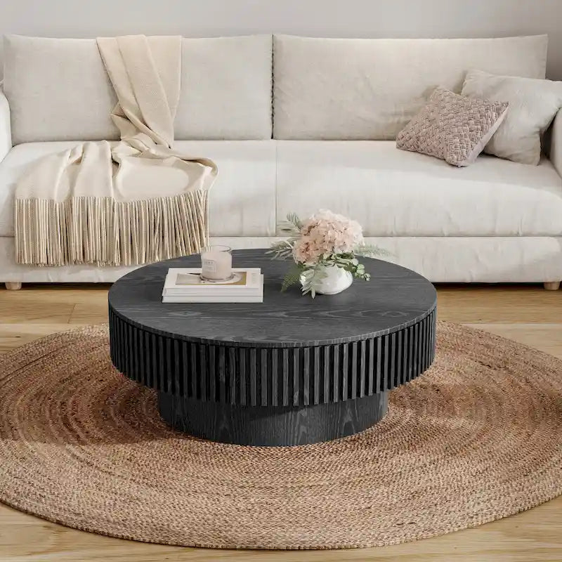Table basse/de salon ronde moderne plaquée en bois massif avec rangement