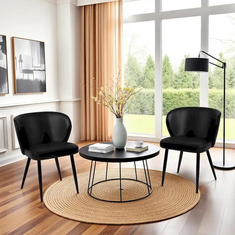 Chaises de cuisine rembourrées avec coussin en similicuir et pieds en métal, style Mid-century, noires, lot de 2