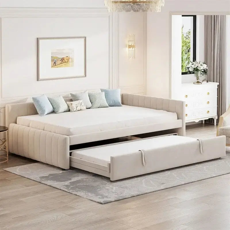 Lit de repos rembourré avec lit gigogne escamotable simple, Cadre de lit de repos double avec dossier en L et design rayé