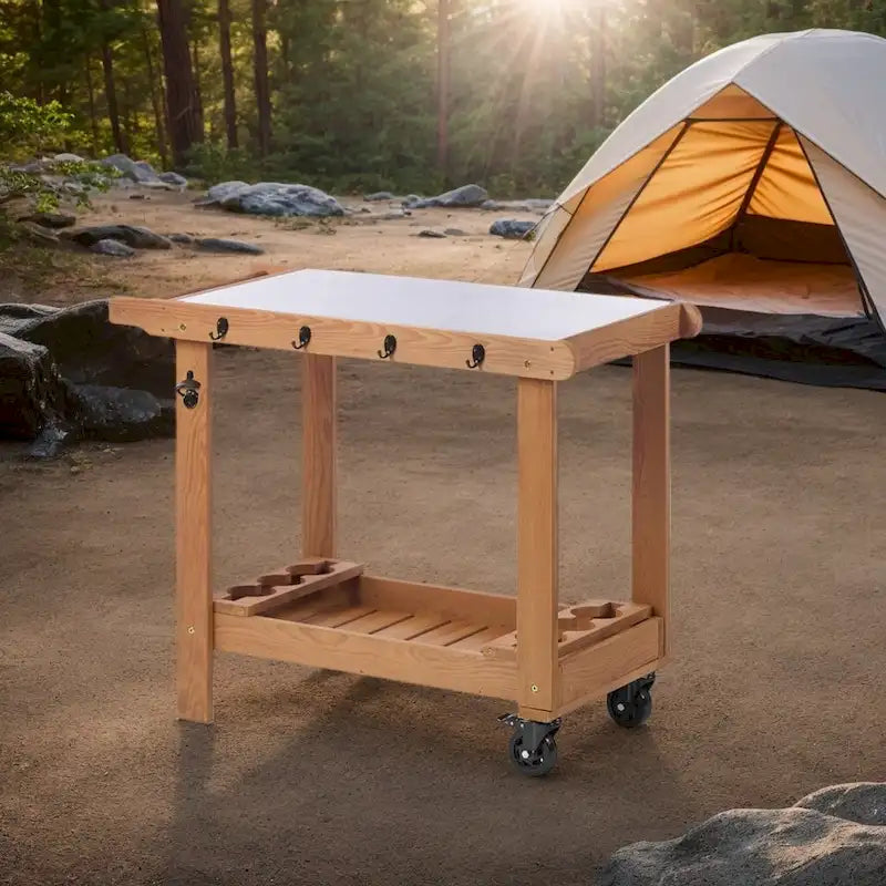 Table desserte de barbecue en bois avec roues