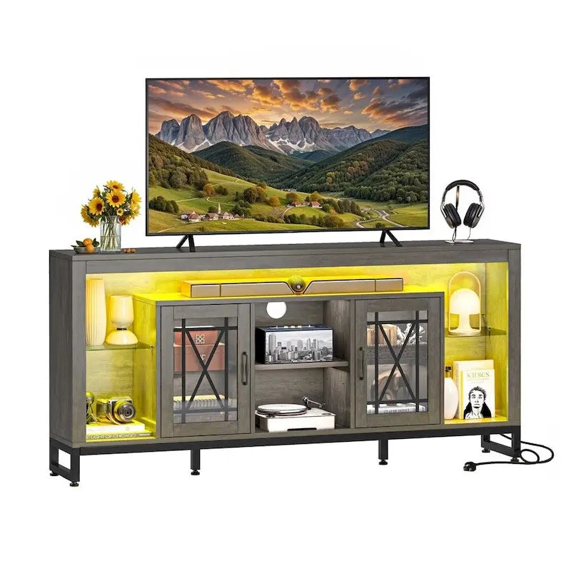 Meuble TV de 85 cm de hauteur pour téléviseur de 75 pouces avec lumières LED et prises de courant - 185 cm