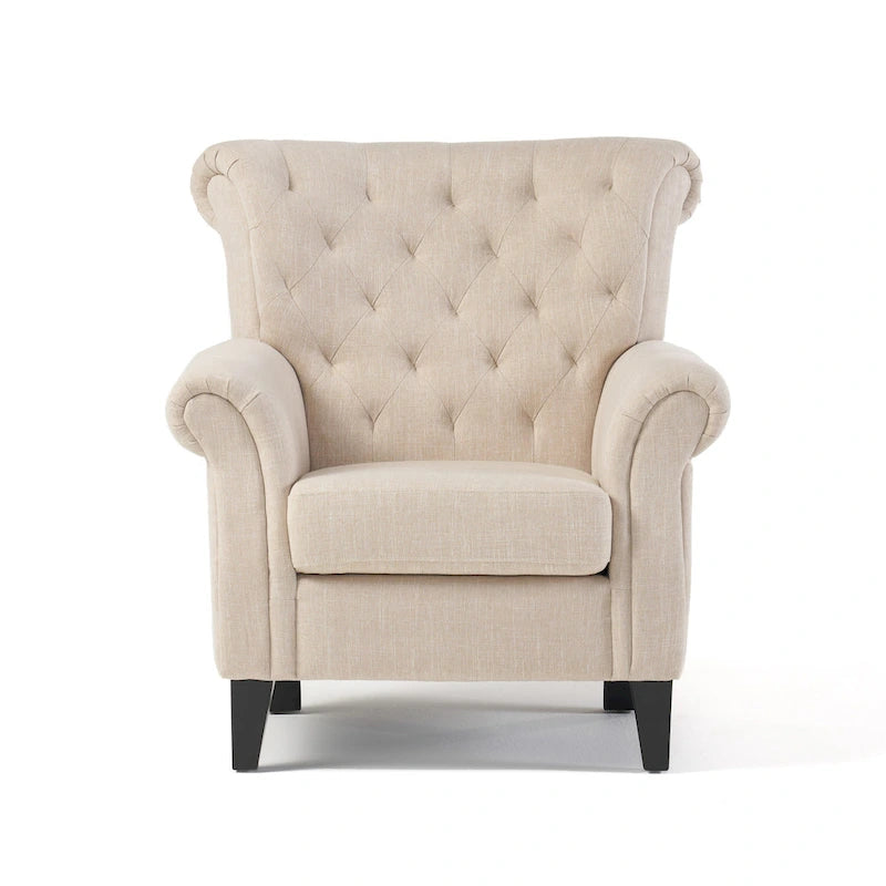 Fauteuil Koni Accent, capitonnage en losange, accoudoirs arrondis, tissu beige