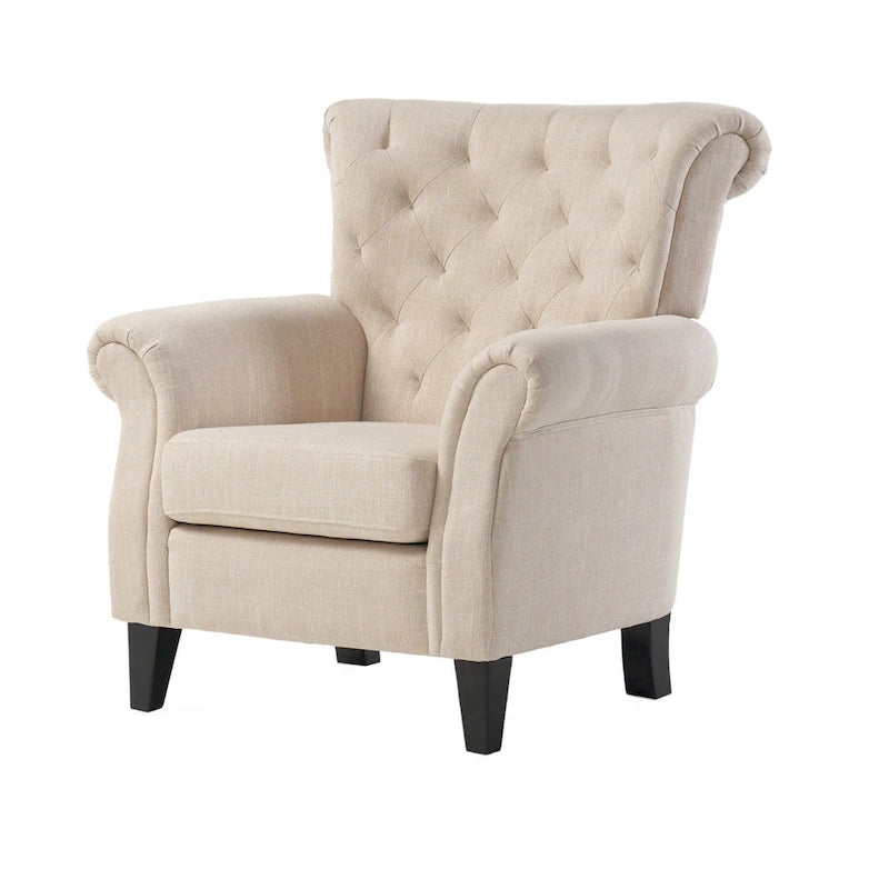 Fauteuil Koni Accent, capitonnage en losange, accoudoirs arrondis, tissu beige