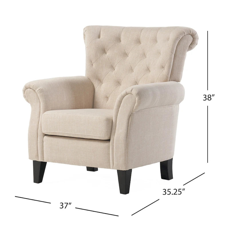 Fauteuil Koni Accent, capitonnage en losange, accoudoirs arrondis, tissu beige
