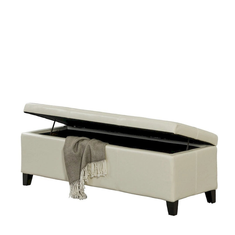 Banc ottoman de rangement Elias, similicuir ivoire détaillé, 129,5 cm