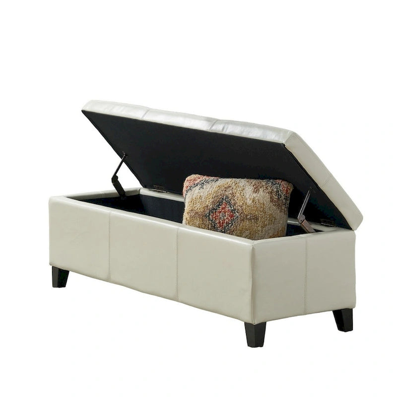 Banc ottoman de rangement Elias, similicuir ivoire détaillé, 129,5 cm