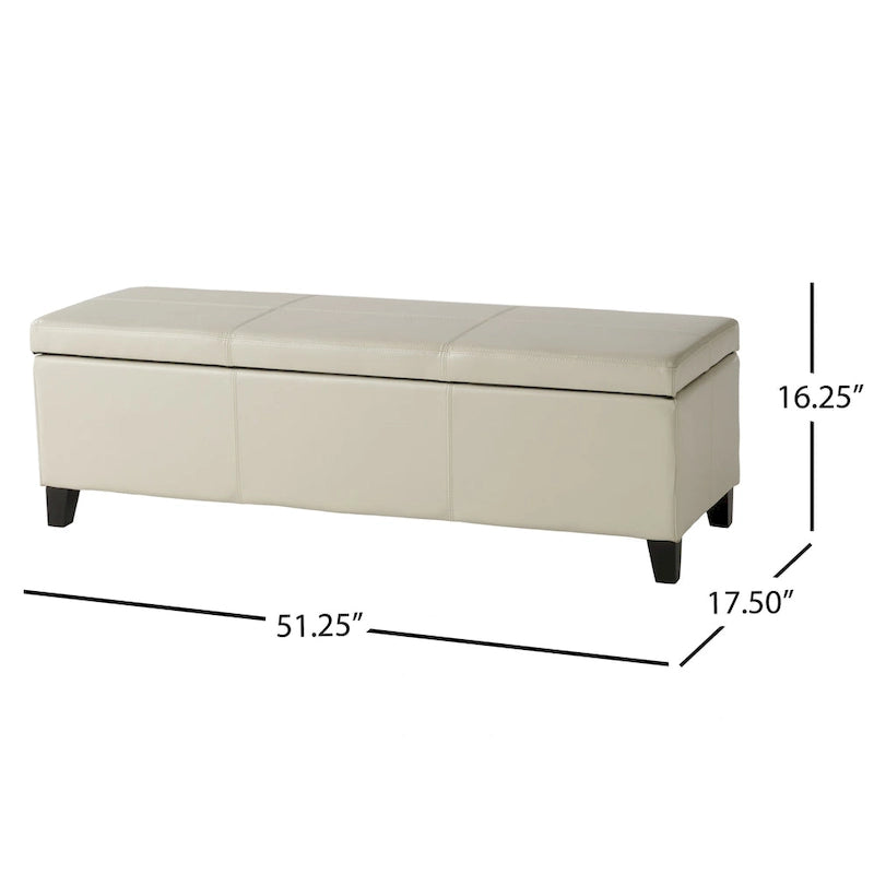 Banc ottoman de rangement Elias, similicuir ivoire détaillé, 129,5 cm