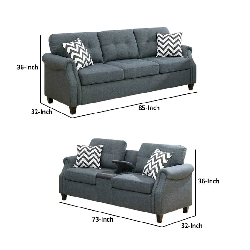 Ensemble de canapé moderne 2 pièces, causeuse et coussins, console USB, porte-gobelet, gris