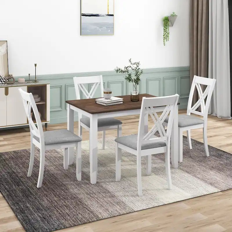 Ensemble table et chaises en bois 5 pièces, ensemble de salle à manger de cuisine pour 4 avec table rectangulaire et 4 chaises rembourrées à dossier en X