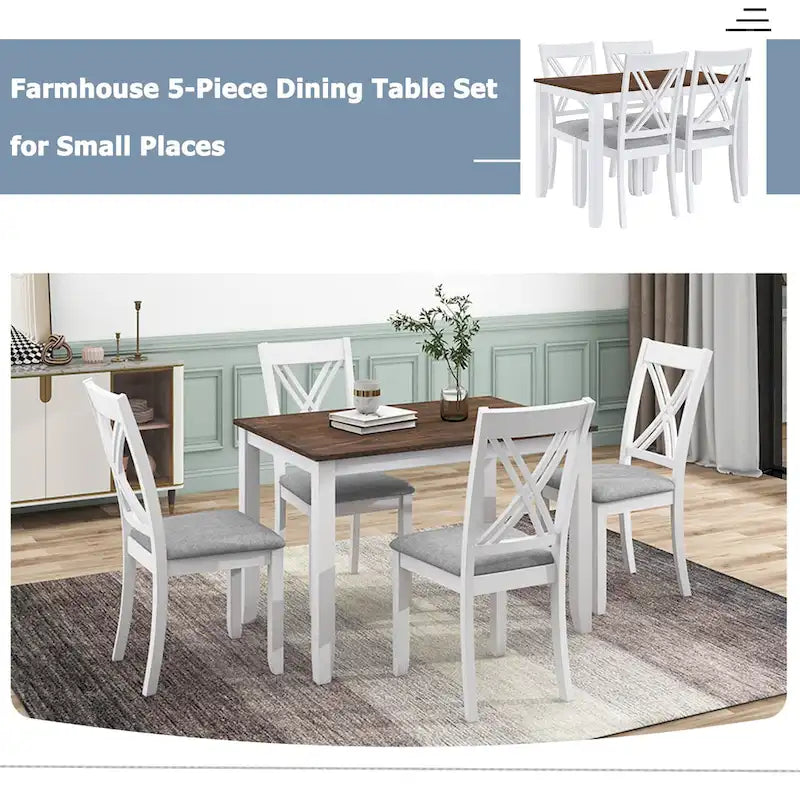 Ensemble table et chaises en bois 5 pièces, ensemble de salle à manger de cuisine pour 4 avec table rectangulaire et 4 chaises rembourrées à dossier en X