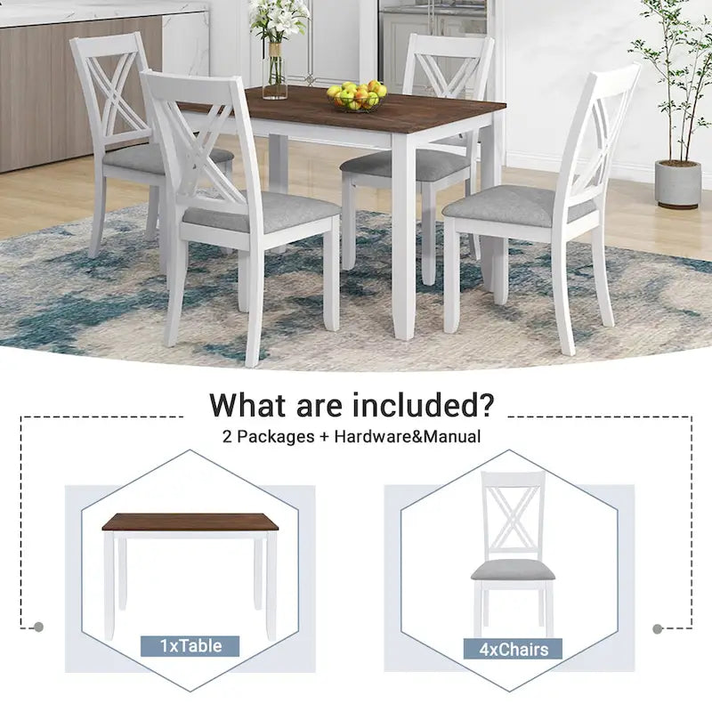 Ensemble table et chaises en bois 5 pièces, ensemble de salle à manger de cuisine pour 4 avec table rectangulaire et 4 chaises rembourrées à dossier en X