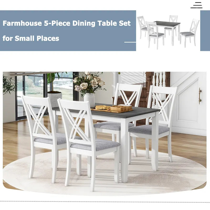 Ensemble table et chaises en bois 5 pièces, ensemble de salle à manger de cuisine pour 4 avec table rectangulaire et 4 chaises rembourrées à dossier en X