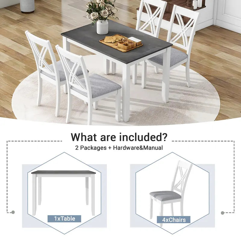 Ensemble table et chaises en bois 5 pièces, ensemble de salle à manger de cuisine pour 4 avec table rectangulaire et 4 chaises rembourrées à dossier en X