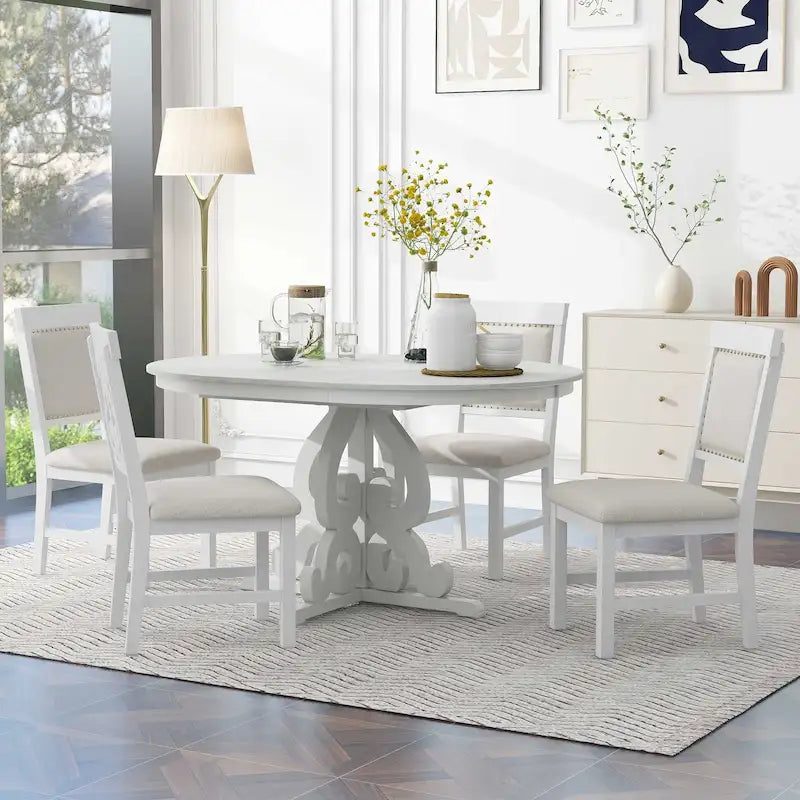 Ensemble de salle à manger 5 pièces, table ronde extensible en bois avec rallonge et 4 chaises rembourrées avec clous décoratifs