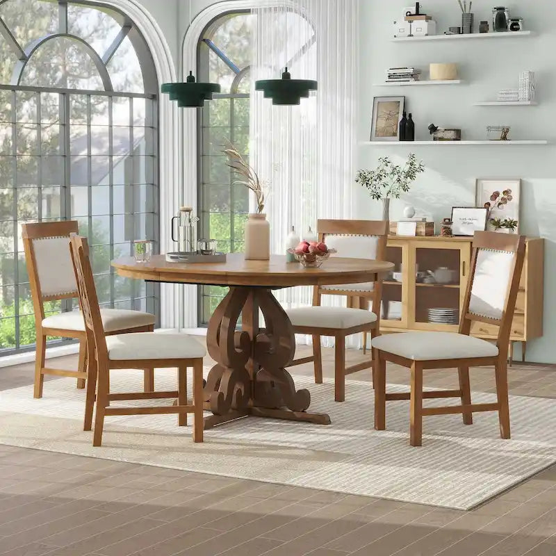 Ensemble de salle à manger 5 pièces, table ronde extensible en bois avec rallonge et 4 chaises rembourrées avec clous décoratifs