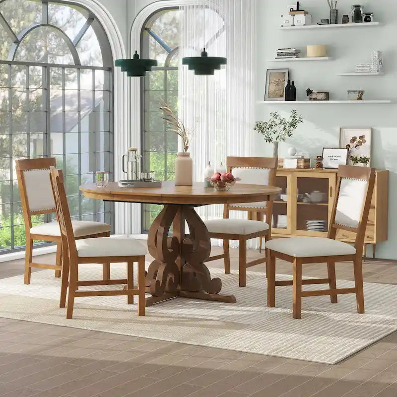 Ensemble de salle à manger 5 pièces, table ronde extensible en bois avec rallonge et 4 chaises rembourrées avec clous décoratifs