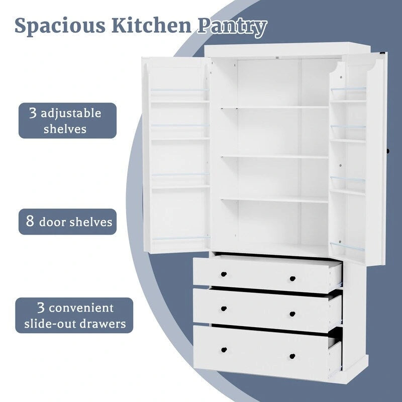 77 Armoire de rangement autonome de style fermette - Grand meuble de rangement de cuisine avec 3 étagères réglables, 8 paniers de porte et 3 tiroirs.