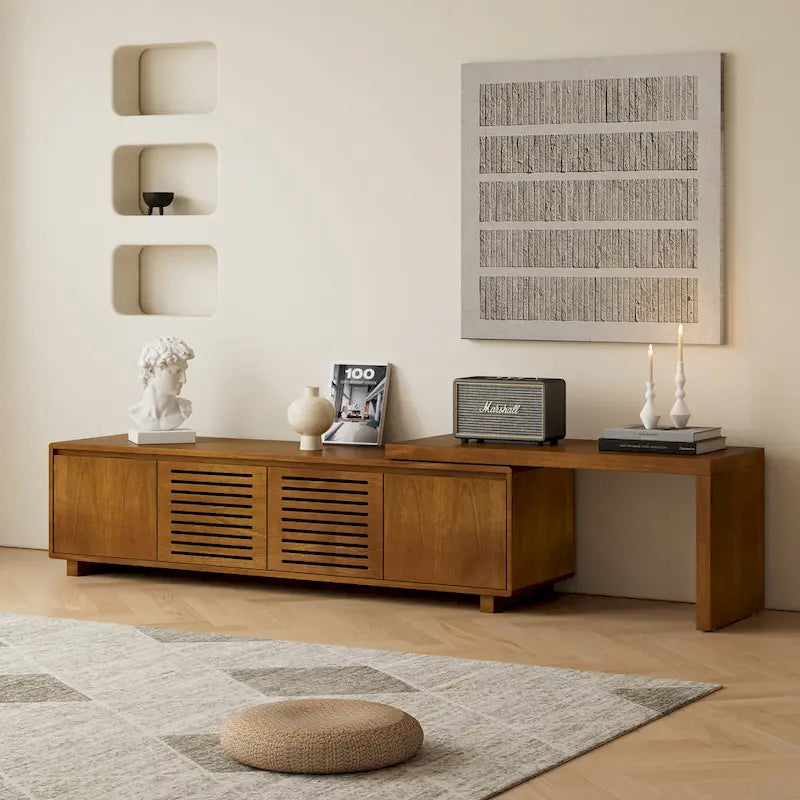 Meuble TV extensible style Mid-Century avec 4 armoires de rangement et porte ajourée pour meuble TV de salon