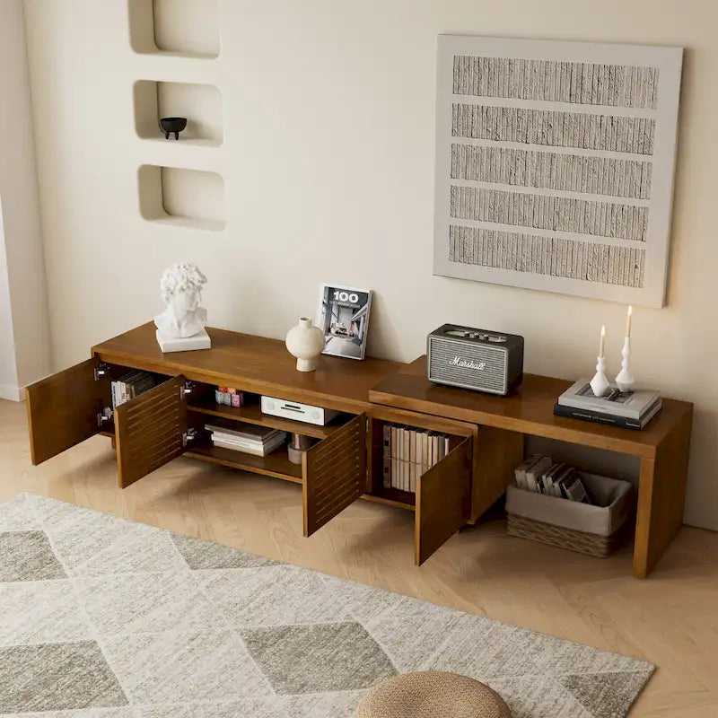 Meuble TV extensible style Mid-Century avec 4 armoires de rangement et porte ajourée pour meuble TV de salon