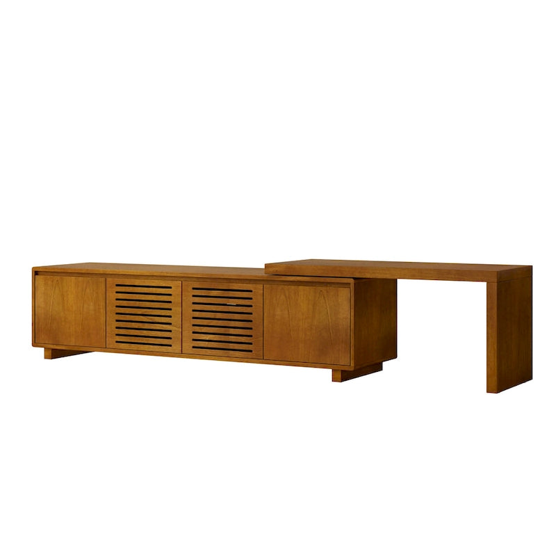 Meuble TV extensible style Mid-Century avec 4 armoires de rangement et porte ajourée pour meuble TV de salon