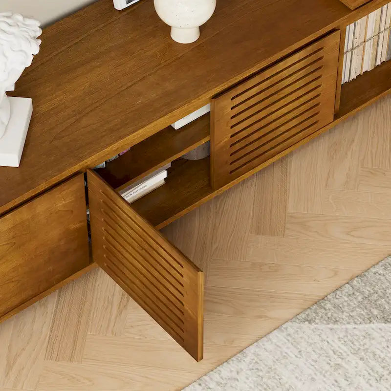 Meuble TV extensible style Mid-Century avec 4 armoires de rangement et porte ajourée pour meuble TV de salon