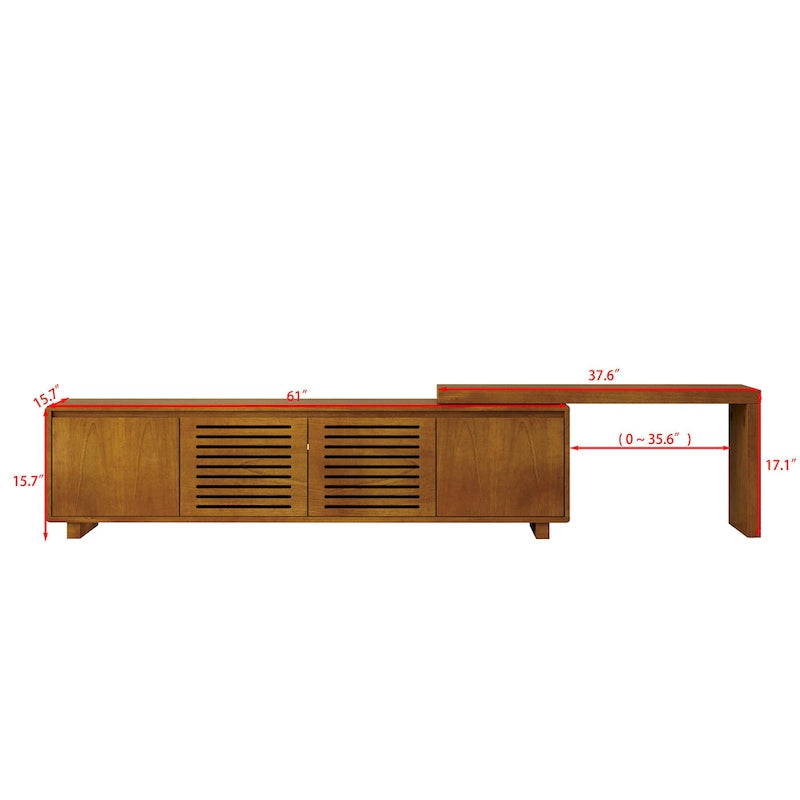 Meuble TV extensible style Mid-Century avec 4 armoires de rangement et porte ajourée pour meuble TV de salon