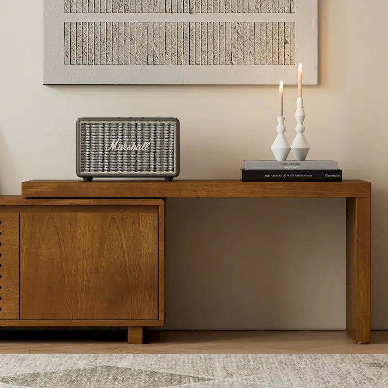 Meuble TV extensible style Mid-Century avec 4 armoires de rangement et porte ajourée pour meuble TV de salon