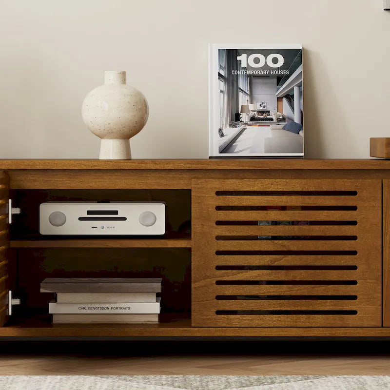 Meuble TV extensible style Mid-Century avec 4 armoires de rangement et porte ajourée pour meuble TV de salon