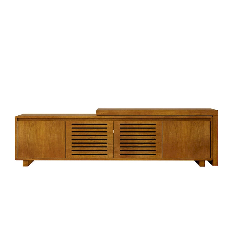 Meuble TV extensible style Mid-Century avec 4 armoires de rangement et porte ajourée pour meuble TV de salon