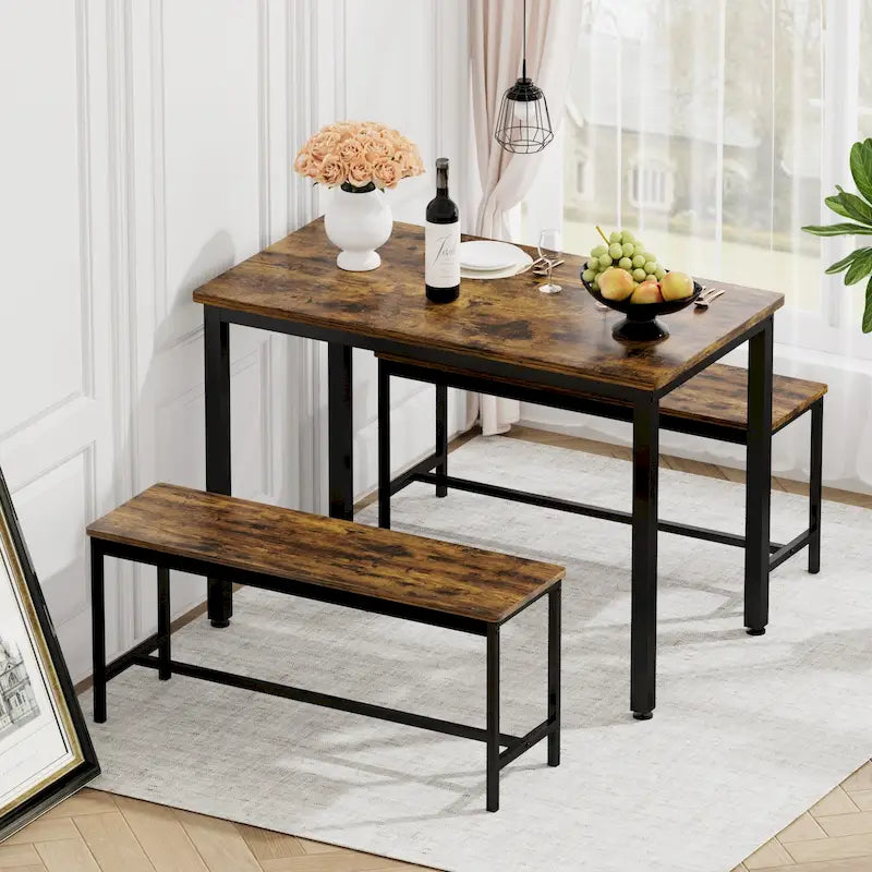Ensemble Table à Manger Rectangulaire Industrielle avec 2 Bancs, Coin Repas, Ensemble Table de Cuisine, Pieds en Métal