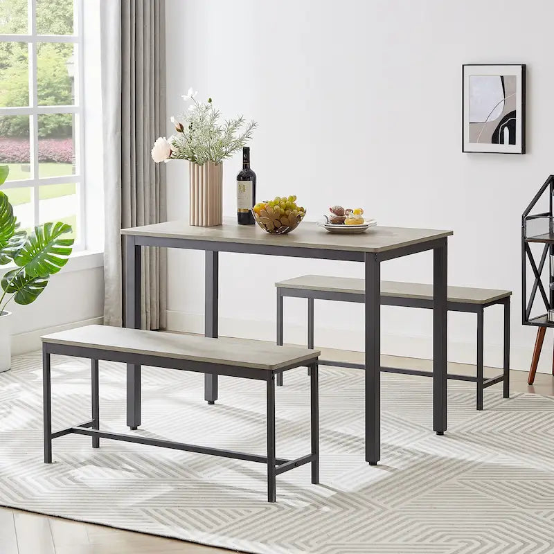 Ensemble Table à Manger Rectangulaire Industrielle avec 2 Bancs, Coin Repas, Ensemble Table de Cuisine, Pieds en Métal