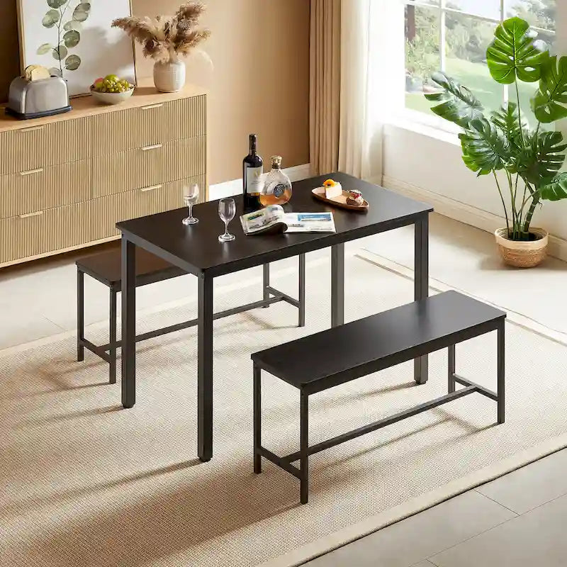 Ensemble Table à Manger Rectangulaire Industrielle avec 2 Bancs, Coin Repas, Ensemble Table de Cuisine, Pieds en Métal
