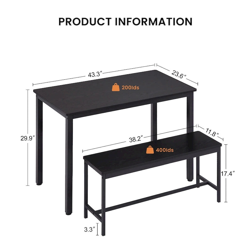Ensemble Table à Manger Rectangulaire Industrielle avec 2 Bancs, Coin Repas, Ensemble Table de Cuisine, Pieds en Métal
