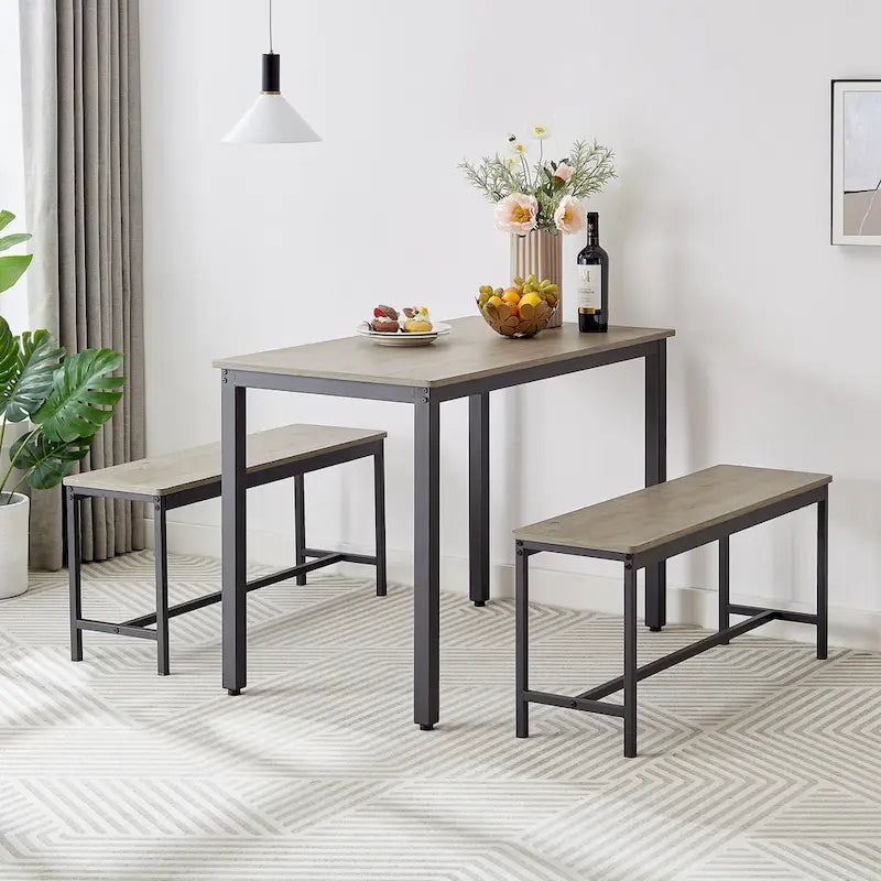 Ensemble Table à Manger Rectangulaire Industrielle avec 2 Bancs, Coin Repas, Ensemble Table de Cuisine, Pieds en Métal