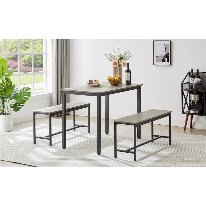 Ensemble Table à Manger Rectangulaire Industrielle avec 2 Bancs, Coin Repas, Ensemble Table de Cuisine, Pieds en Métal
