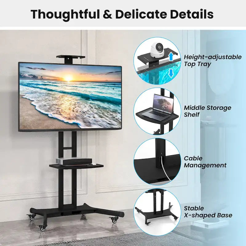 Support TV mobile Gymax pour téléviseurs à écran plat LCD LED de 32 à 82 pouces, jusqu'à 60 kg
